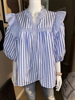 Striped Ruffle-Trim Blouse in Blue and White